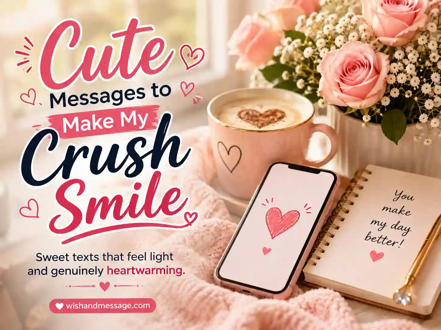 Cozy phone and soft romantic tabletop setup for cute messages to make a crush smile