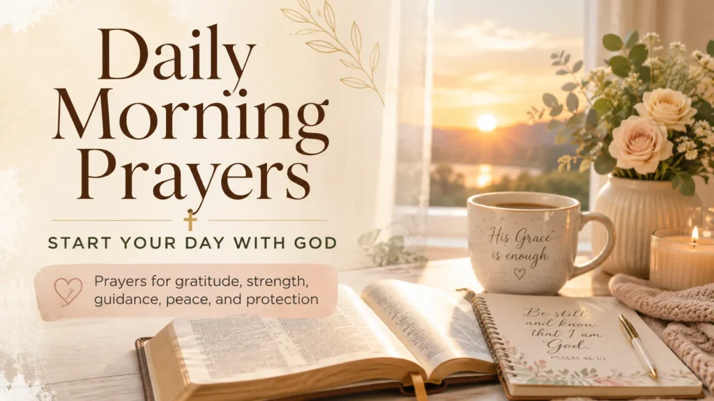Daily morning prayers hero image with open Bible and journal in a peaceful morning setting