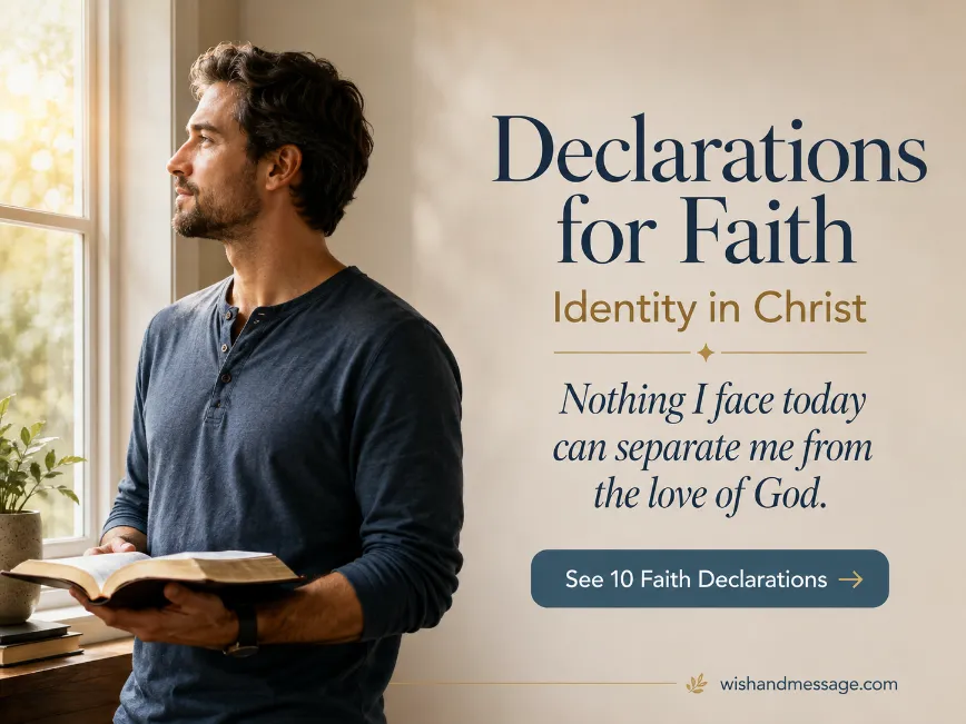 Man holding an open Bible by a sunlit window with a declaration about faith and God's love.