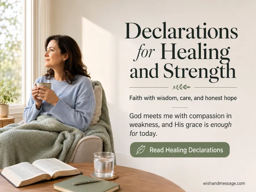 Woman resting peacefully by a window near an open Bible with a declaration about healing and strength.