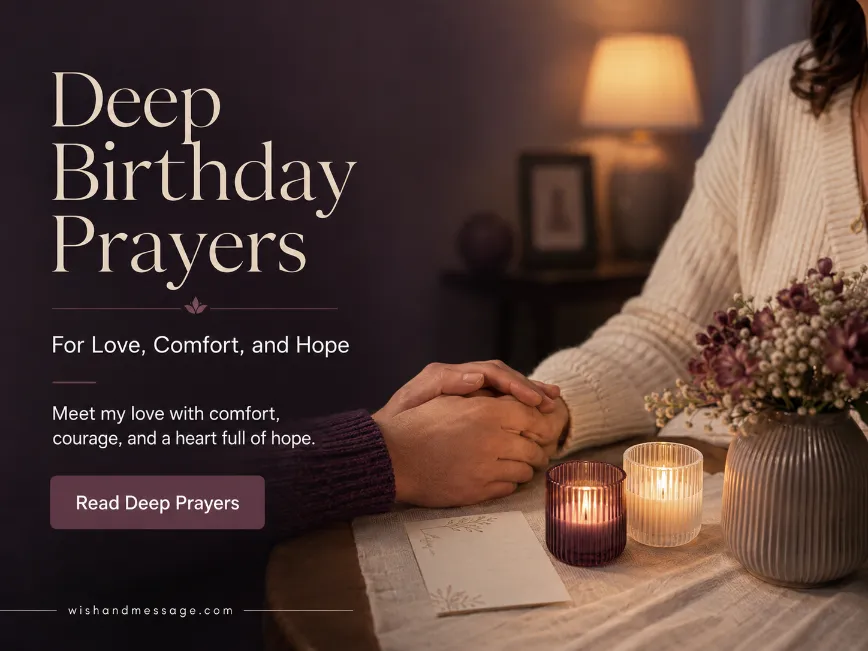 Couple holding hands near birthday candles and a handwritten prayer card in a quiet, warmly lit room.