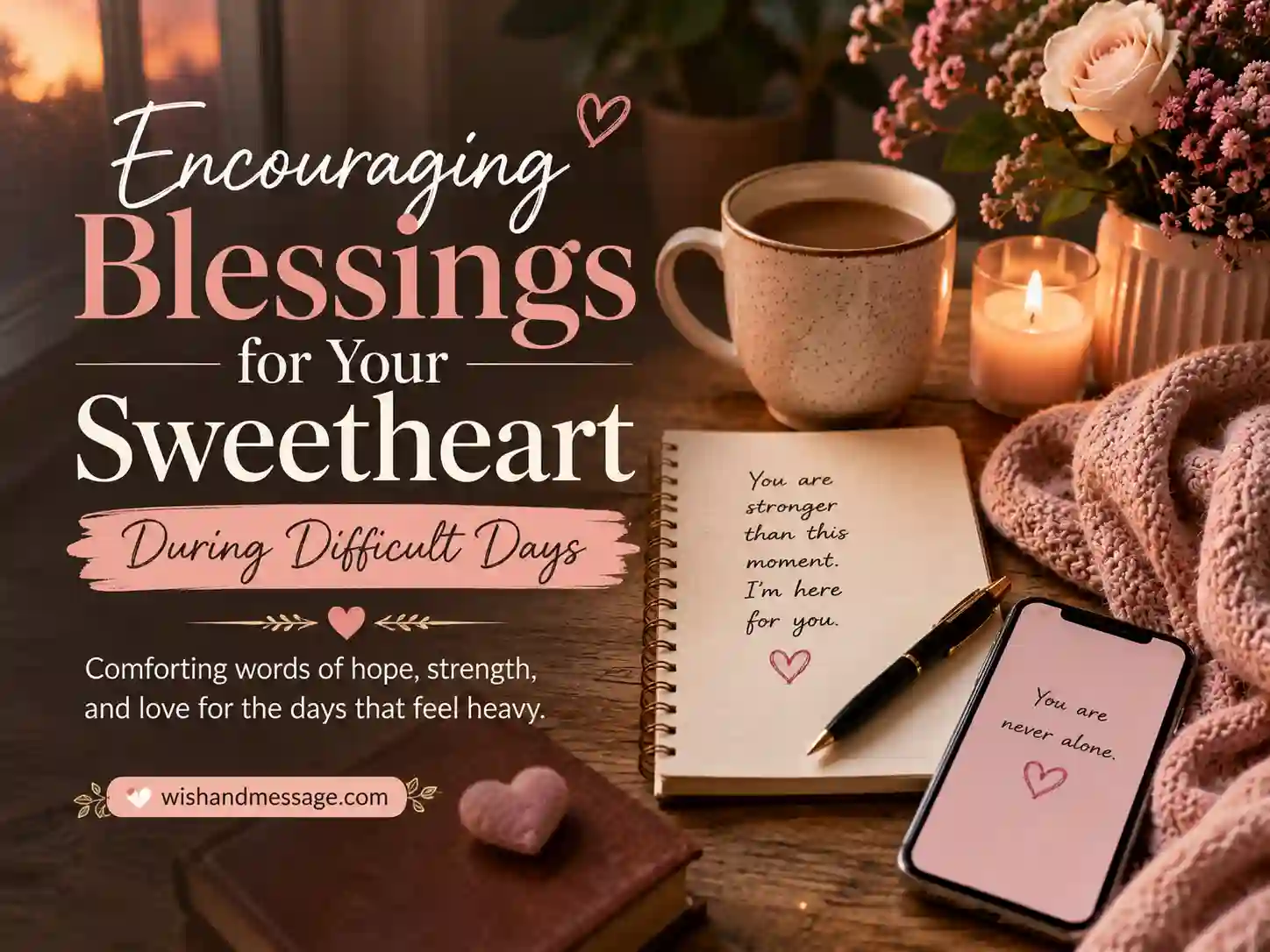 Calm supportive setting with phone journal and tea for encouraging blessings during difficult days