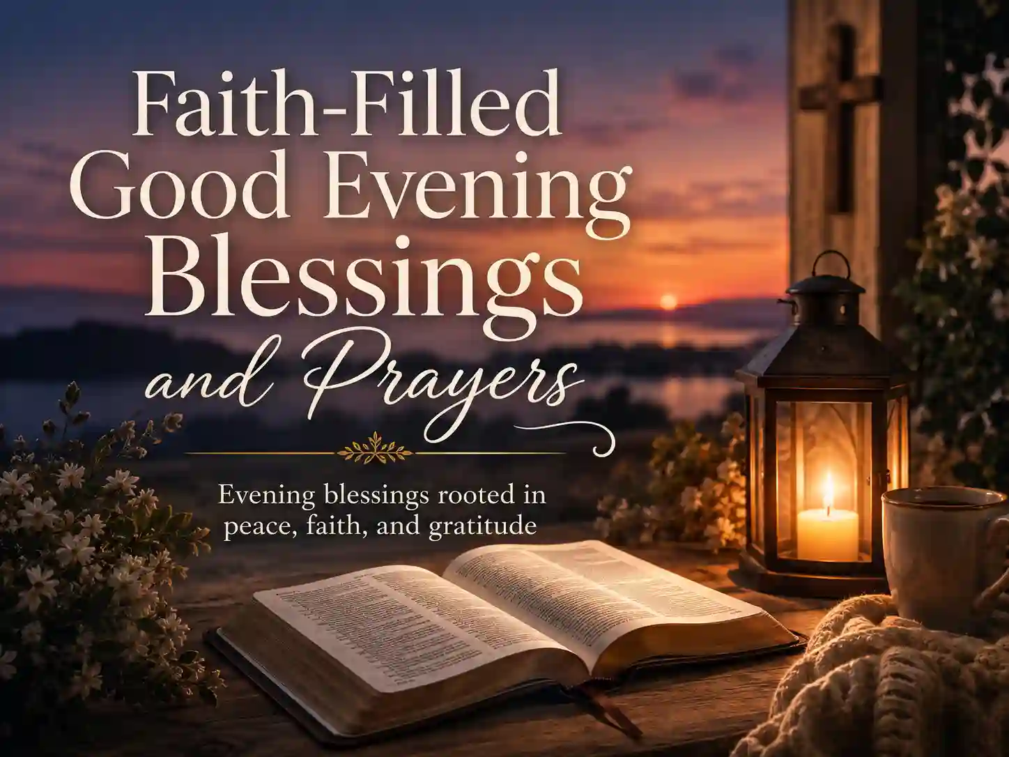 Faith-filled good evening blessings and prayers image with open Bible, candlelight, and elegant overlay text