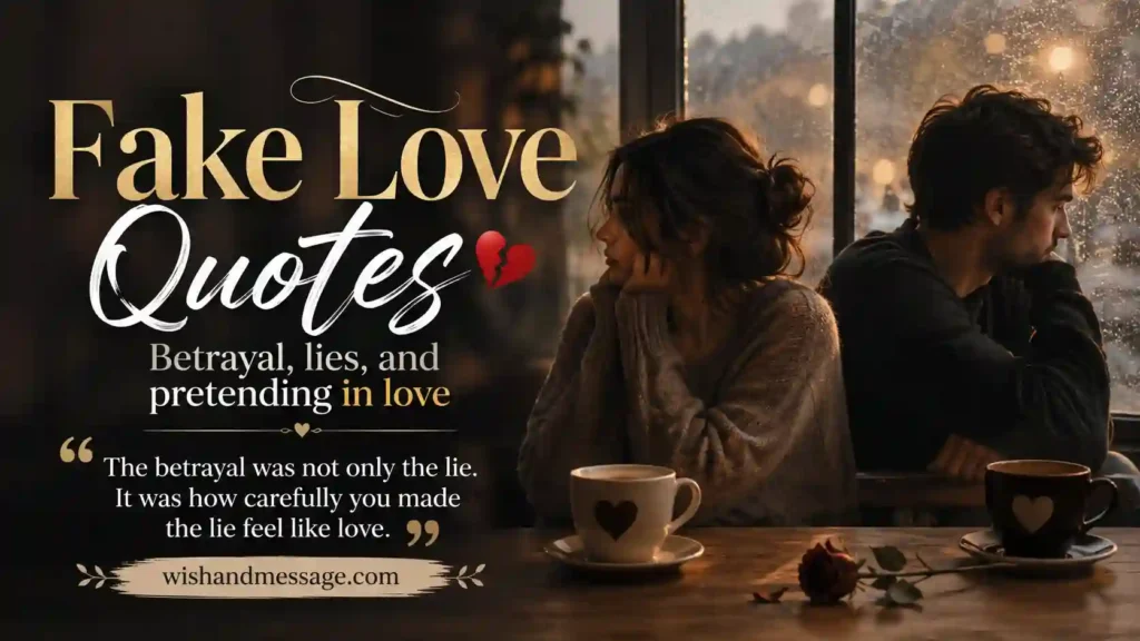 Emotional featured image for fake love quotes article showing betrayal, lies, and pretending in a romantic relationship