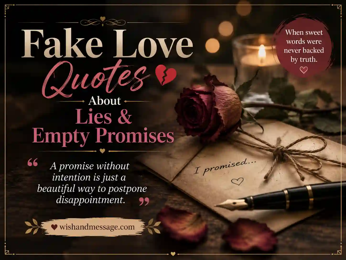 Fake love quotes image about lies and empty promises with a romantic but disappointed mood