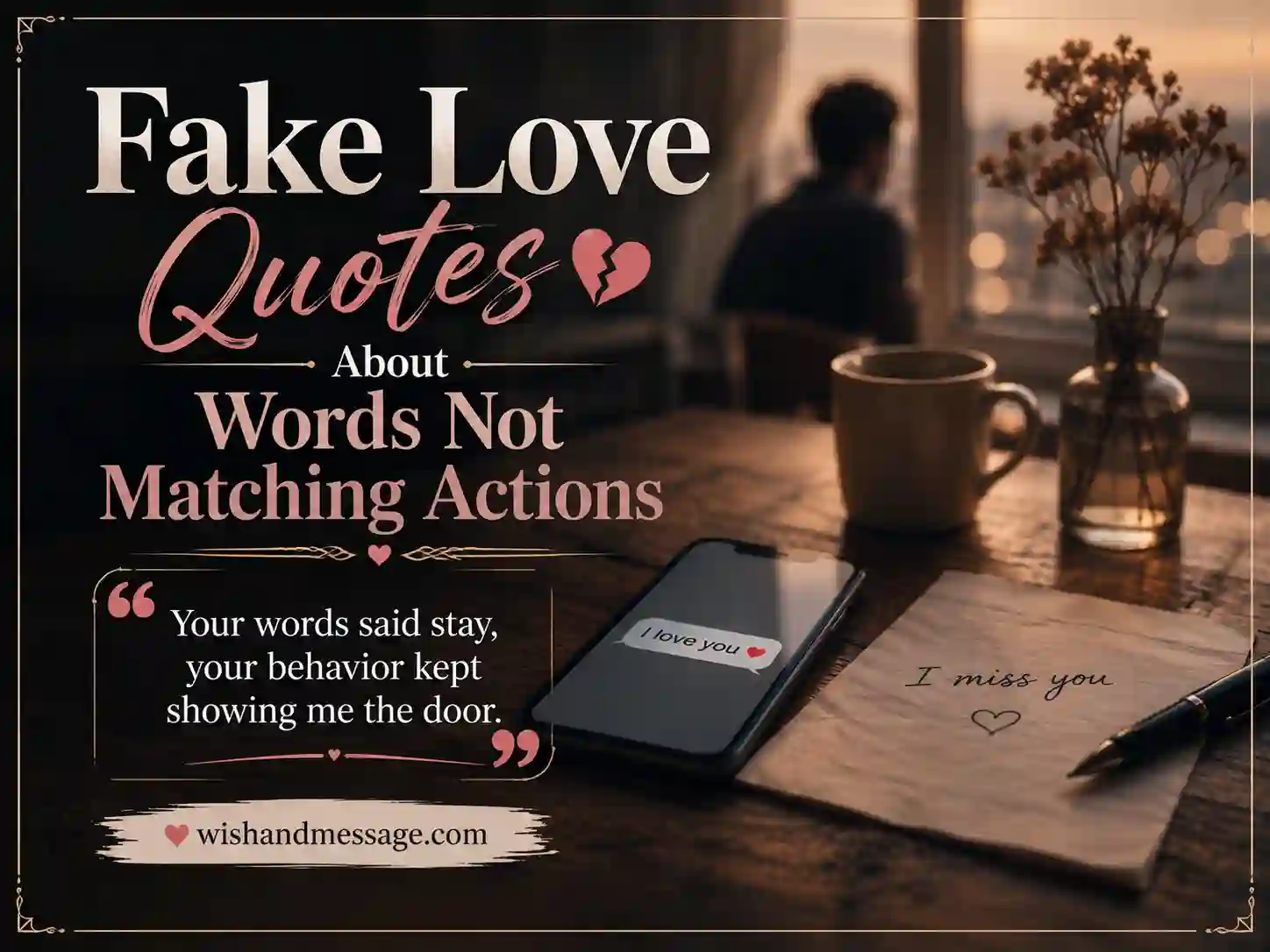 Fake love quotes image about words not matching actions with a stylish emotional editorial design