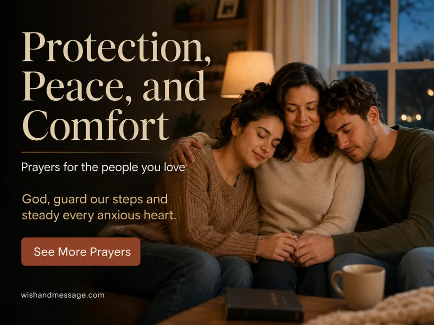 Family members sharing a reassuring embrace in a peaceful home at dusk.