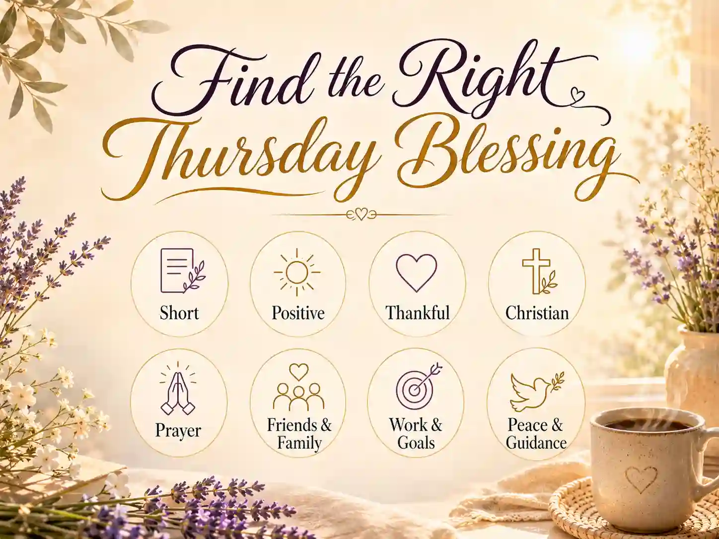 Visual guide for choosing short, positive, thankful, Christian, prayer, family, work, and peaceful Thursday blessings.