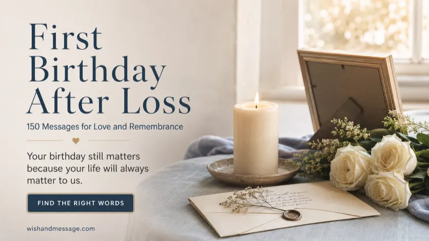 Lit candle, white roses, and remembrance letter for a loved one’s first birthday after death