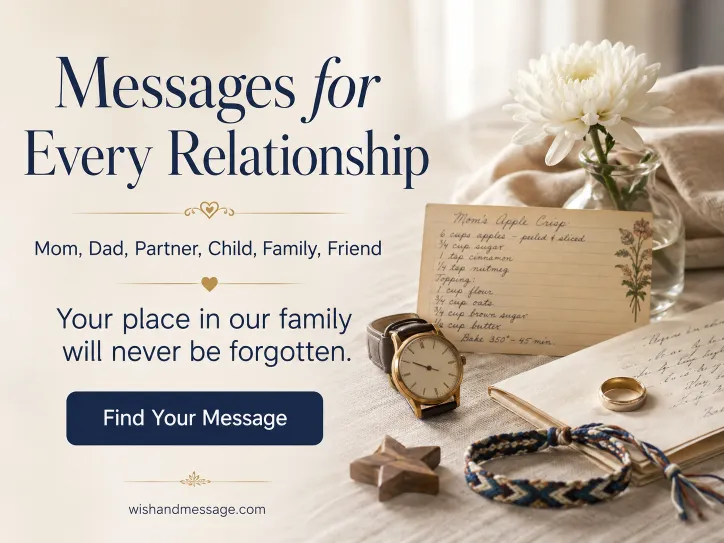 Family keepsakes representing remembrance messages for parents, partners, children, relatives, and friends