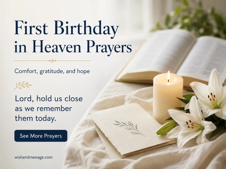 Open Bible, candle, prayer card, and white lilies for first birthday in heaven prayers