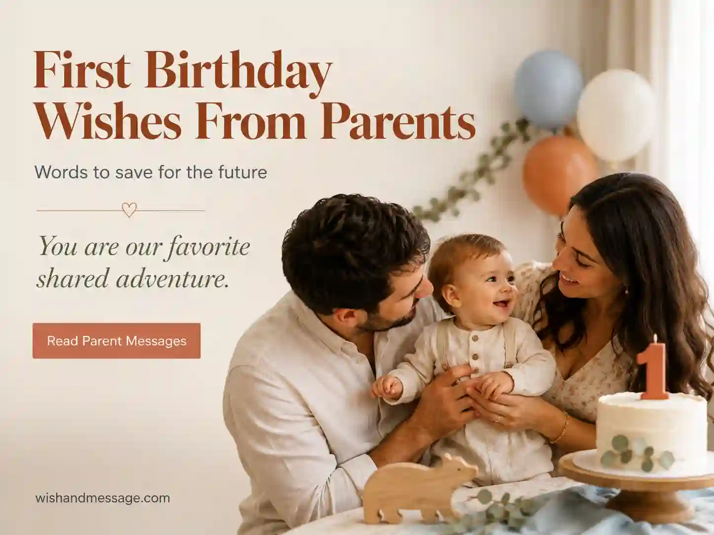 Parents holding their one-year-old near a simple birthday cake in warm natural window light.