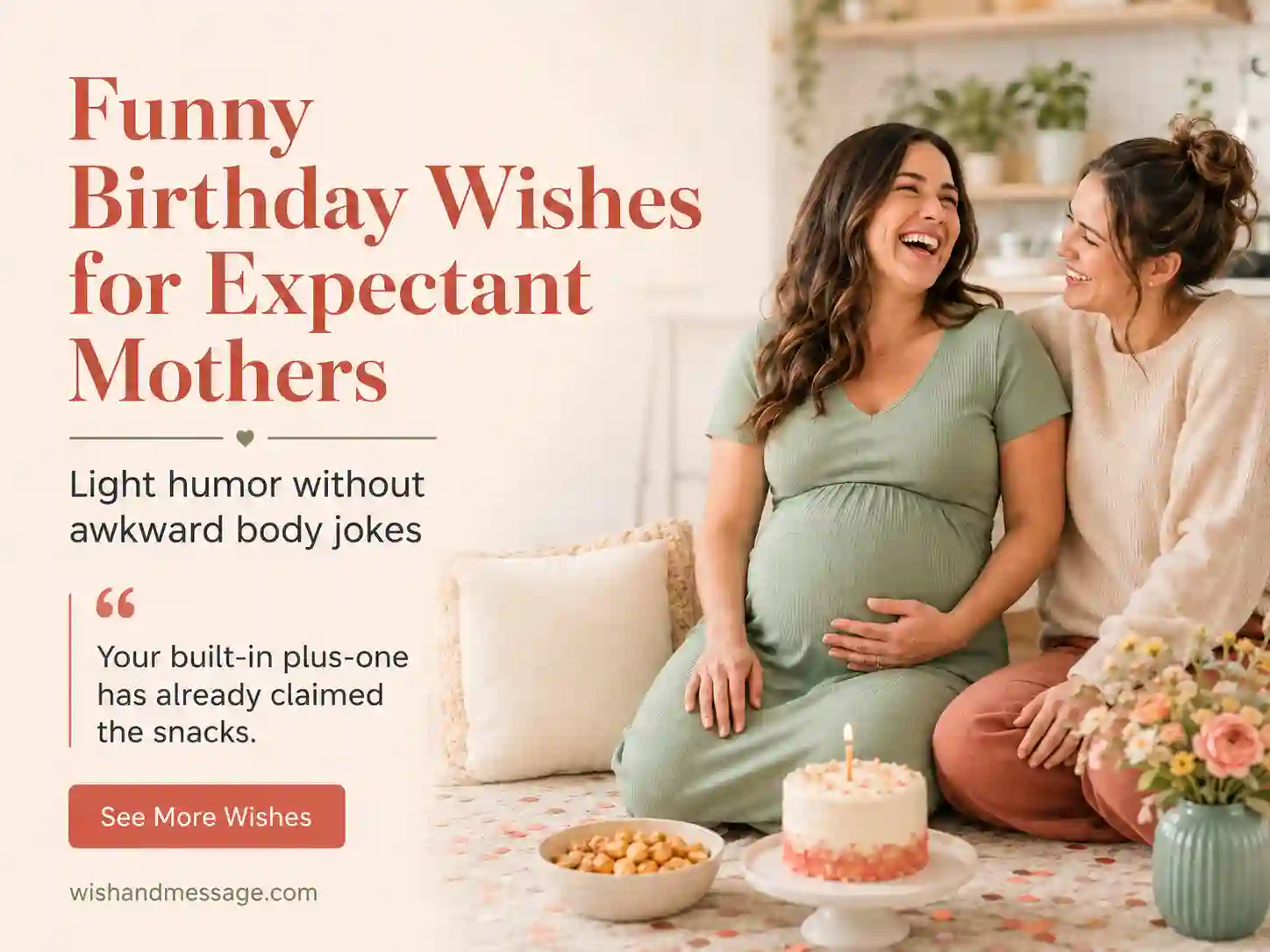 Expectant mother laughing with a friend during a relaxed birthday celebration