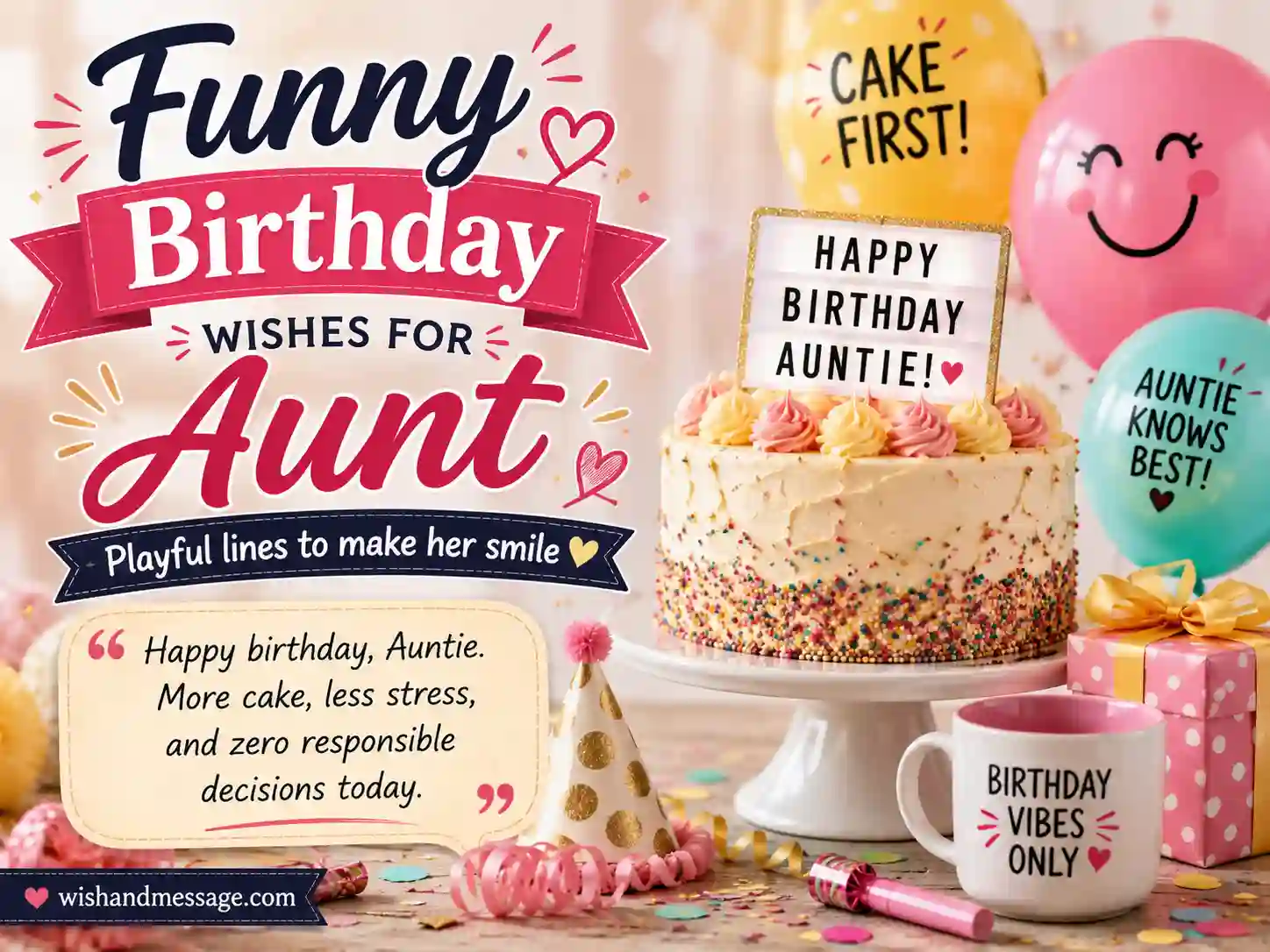 Playful birthday image for aunt with cake, balloons, and funny birthday wishes text overlay.