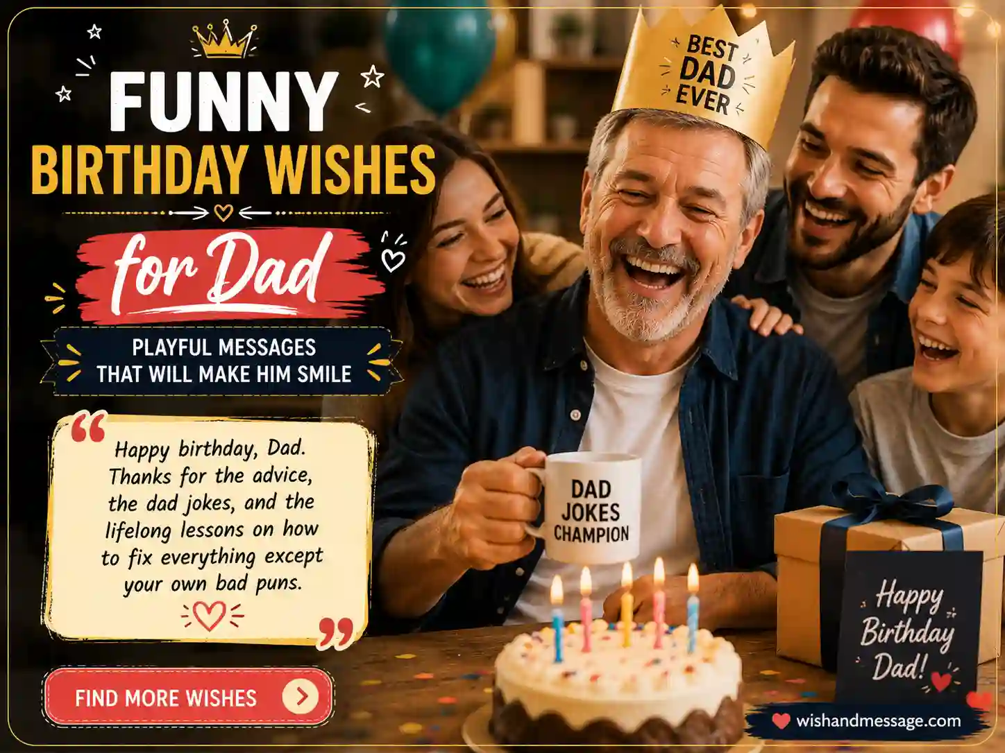 Dad laughing during a birthday celebration with funny birthday wishes text overlay
