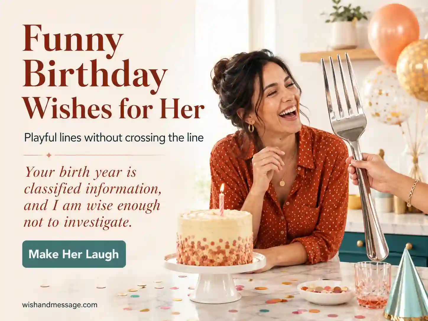 Woman laughing at an oversized cake fork during a playful birthday celebration