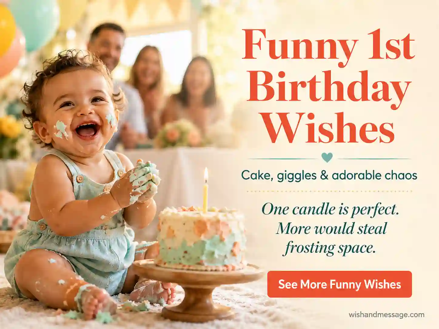 Laughing one-year-old with frosting on cheeks beside a cake during a playful first birthday celebration.