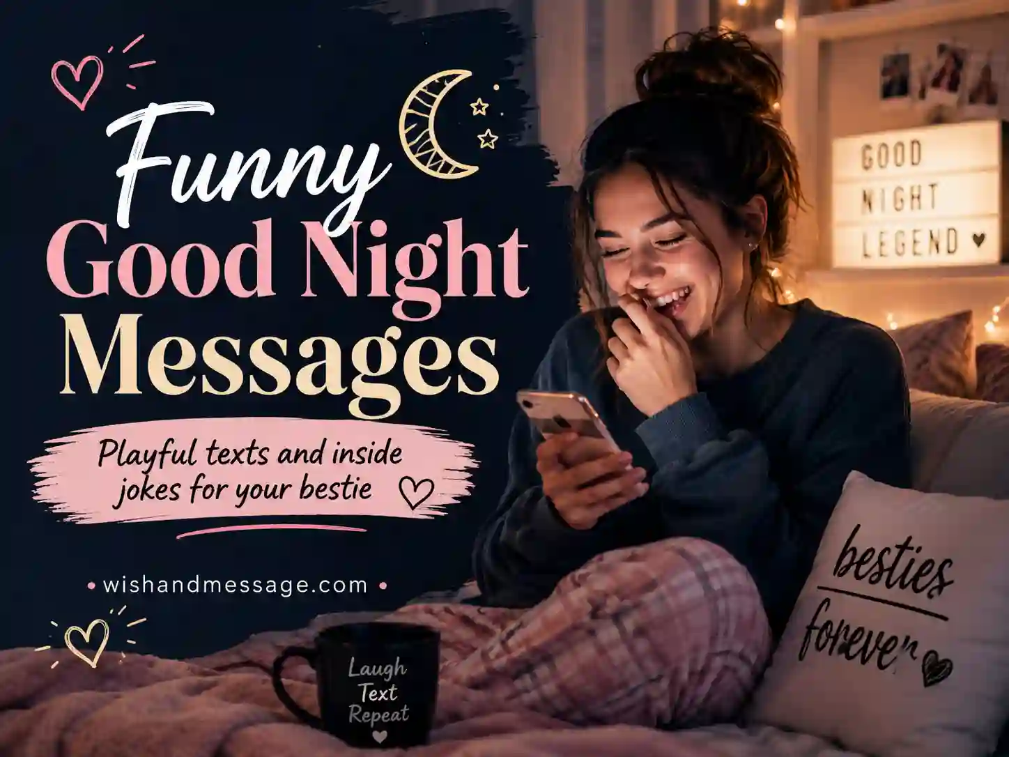 Funny good night messages for best friend with playful late-night friendship texting scene
