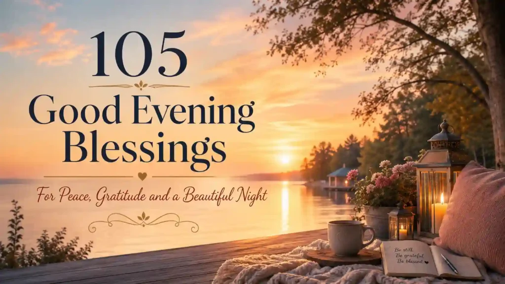 Peaceful sunset featured image for good evening blessings article with warm sky and elegant overlay text