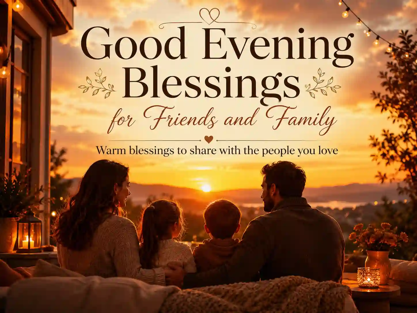Good evening blessings for friends and family image with warm evening scene and elegant overlay text