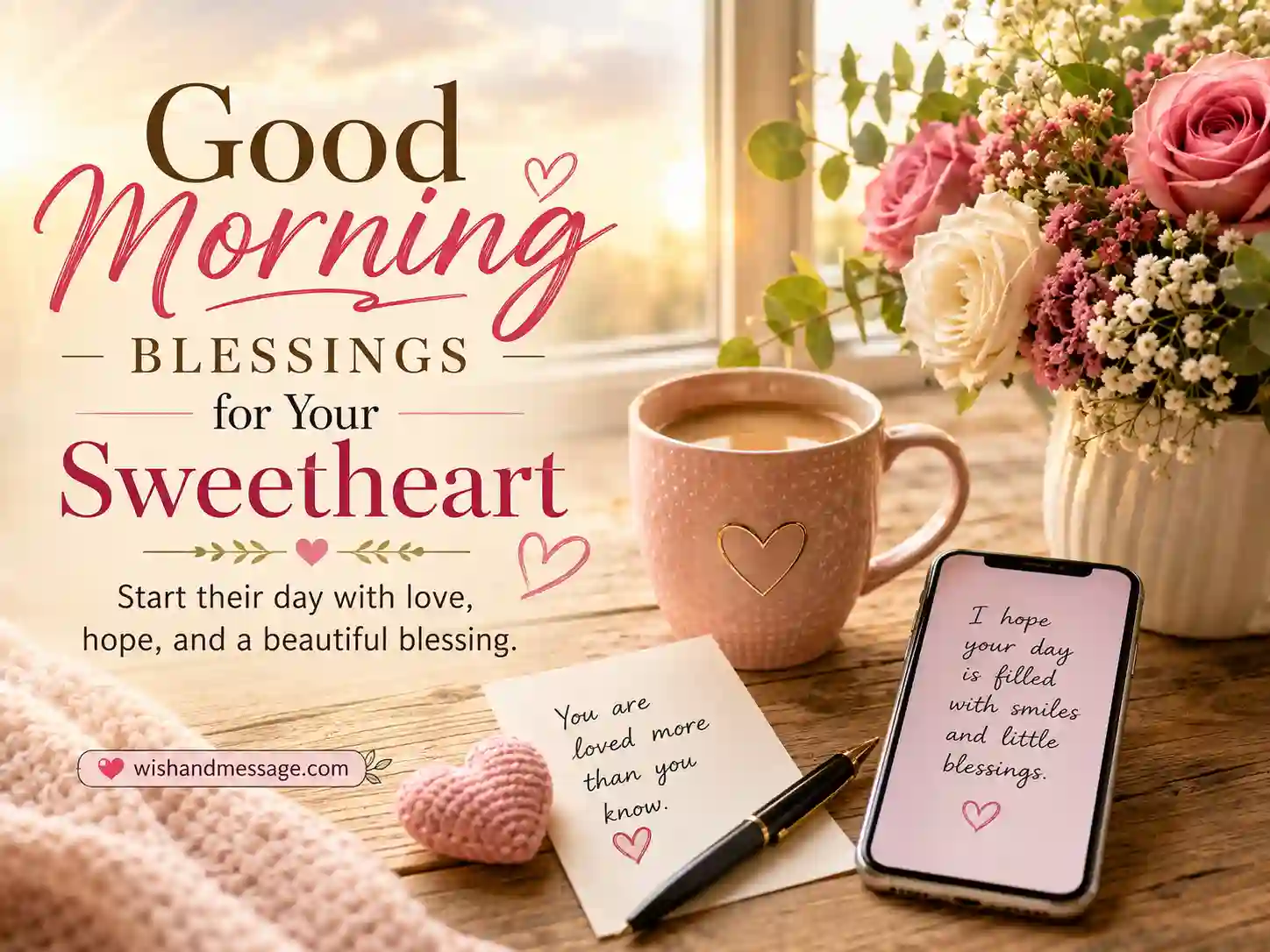 Morning coffee flowers and phone representing good morning blessings for a sweetheart