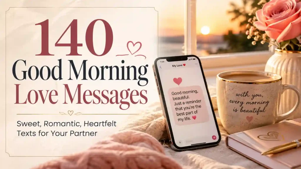 Romantic good morning love message featured image with phone coffee and soft sunrise light