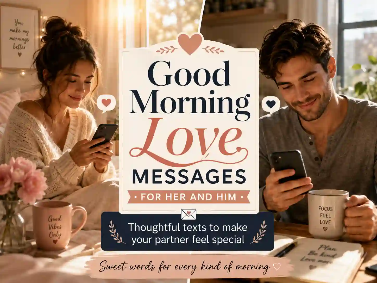 Good morning love messages for her and him graphic with romantic couple theme and elegant text