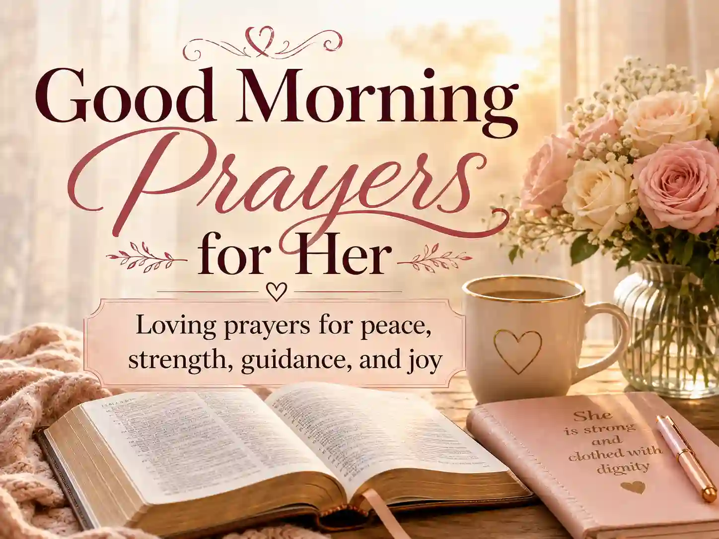 Good morning prayers for her graphic with a soft devotional and floral morning setting