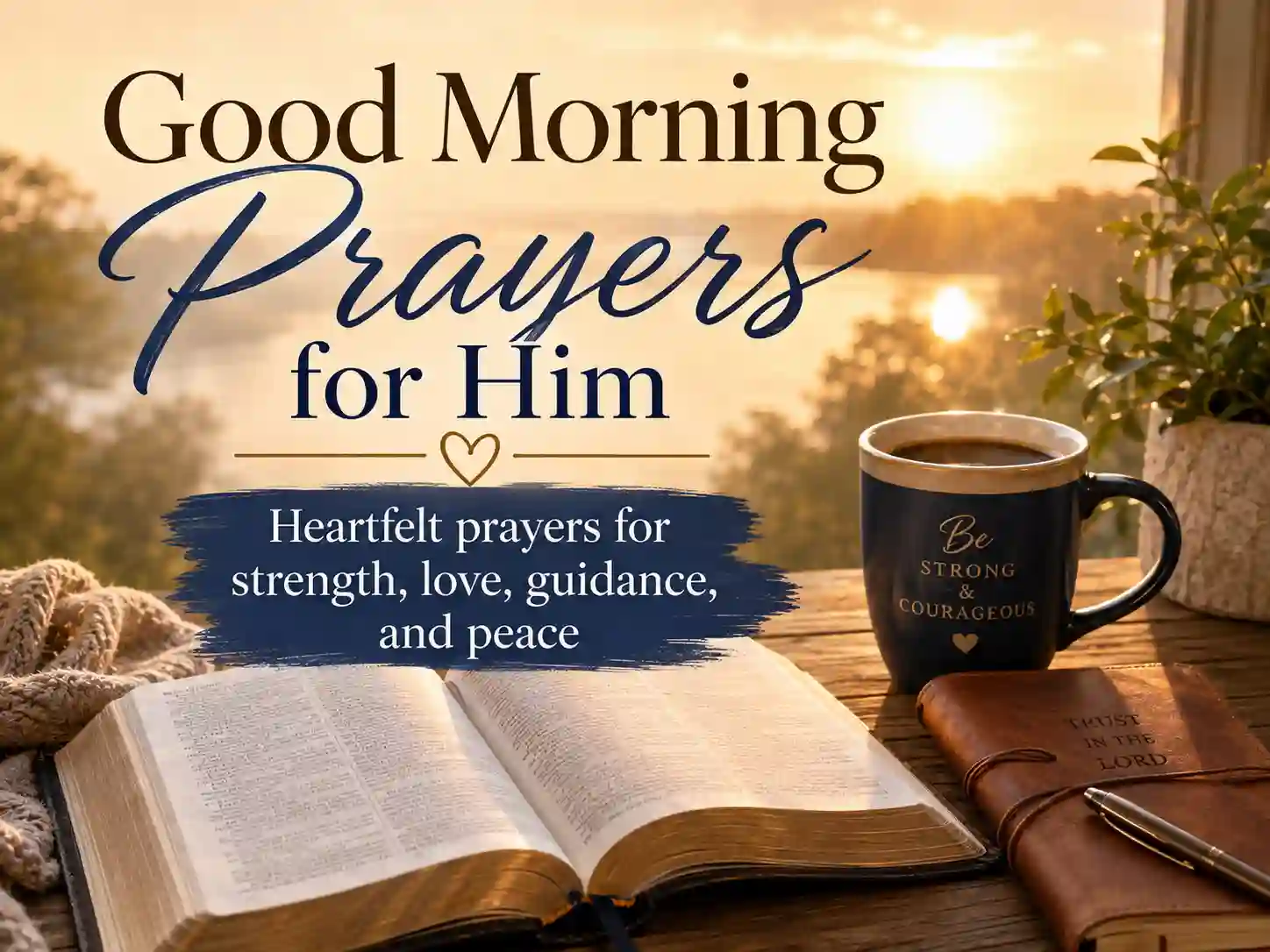 Good morning prayers for him graphic with a warm devotional morning background