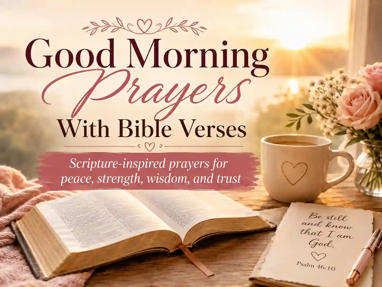 Good morning prayers with Bible verses graphic featuring an open Bible in a soft morning setting