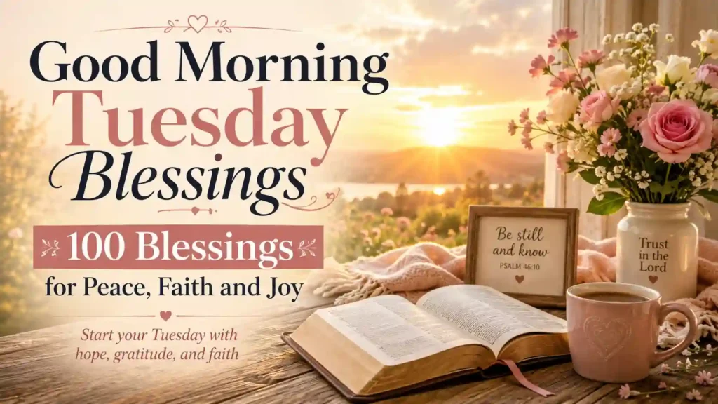 Tuesday morning sunrise with an open Bible and flowers for good morning Tuesday blessings