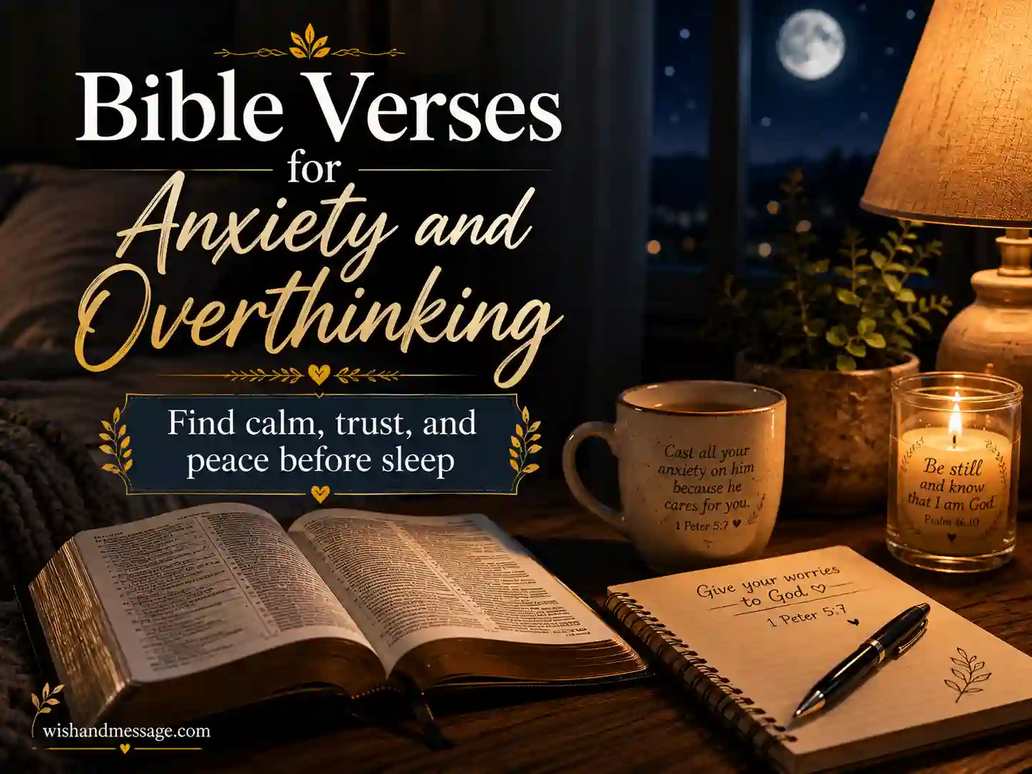 Bible and journal beside a warm lamp at night for prayer and reflection