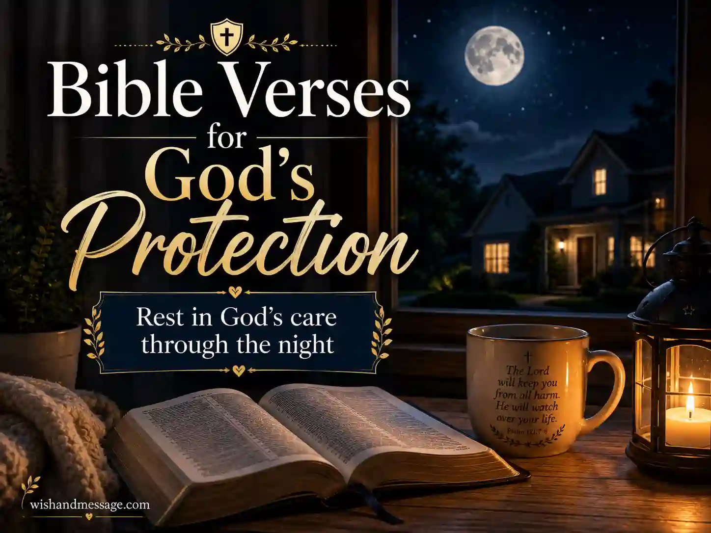 Open Bible with a peaceful moonlit home in the background symbolizing God’s protection