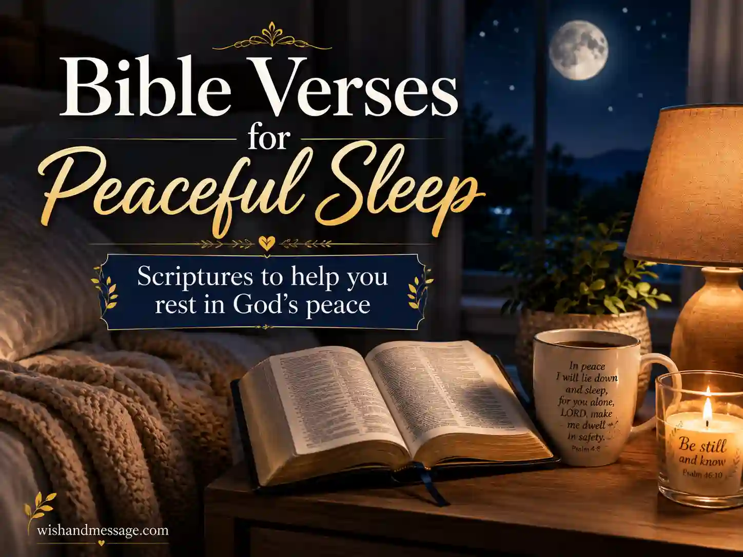 Open Bible in a quiet bedroom before sleep with a peaceful nighttime atmosphere