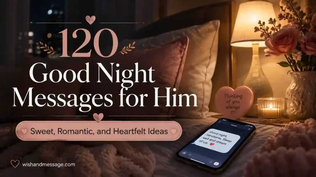Romantic featured image for good night messages for him with a cozy nighttime phone text scene