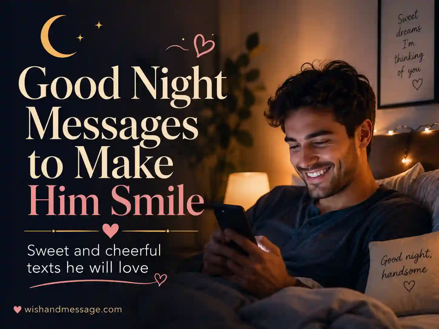 Cute nighttime image of a man smiling at a good night text on his phone