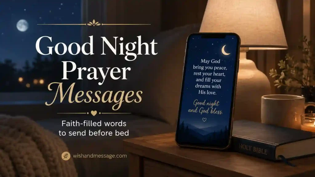 Peaceful featured image for good night prayer messages with a phone, Bible, and soft bedtime lighting