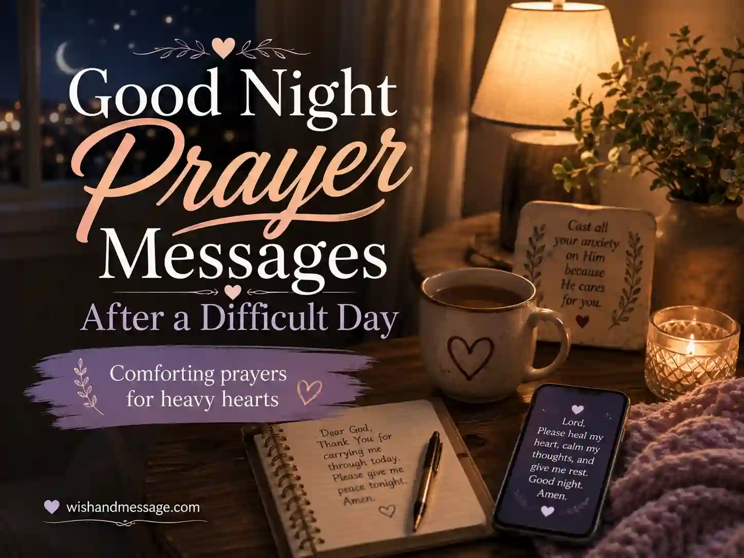 Comforting good night prayer messages image after a difficult day with tea, soft light, and a reflective peaceful mood