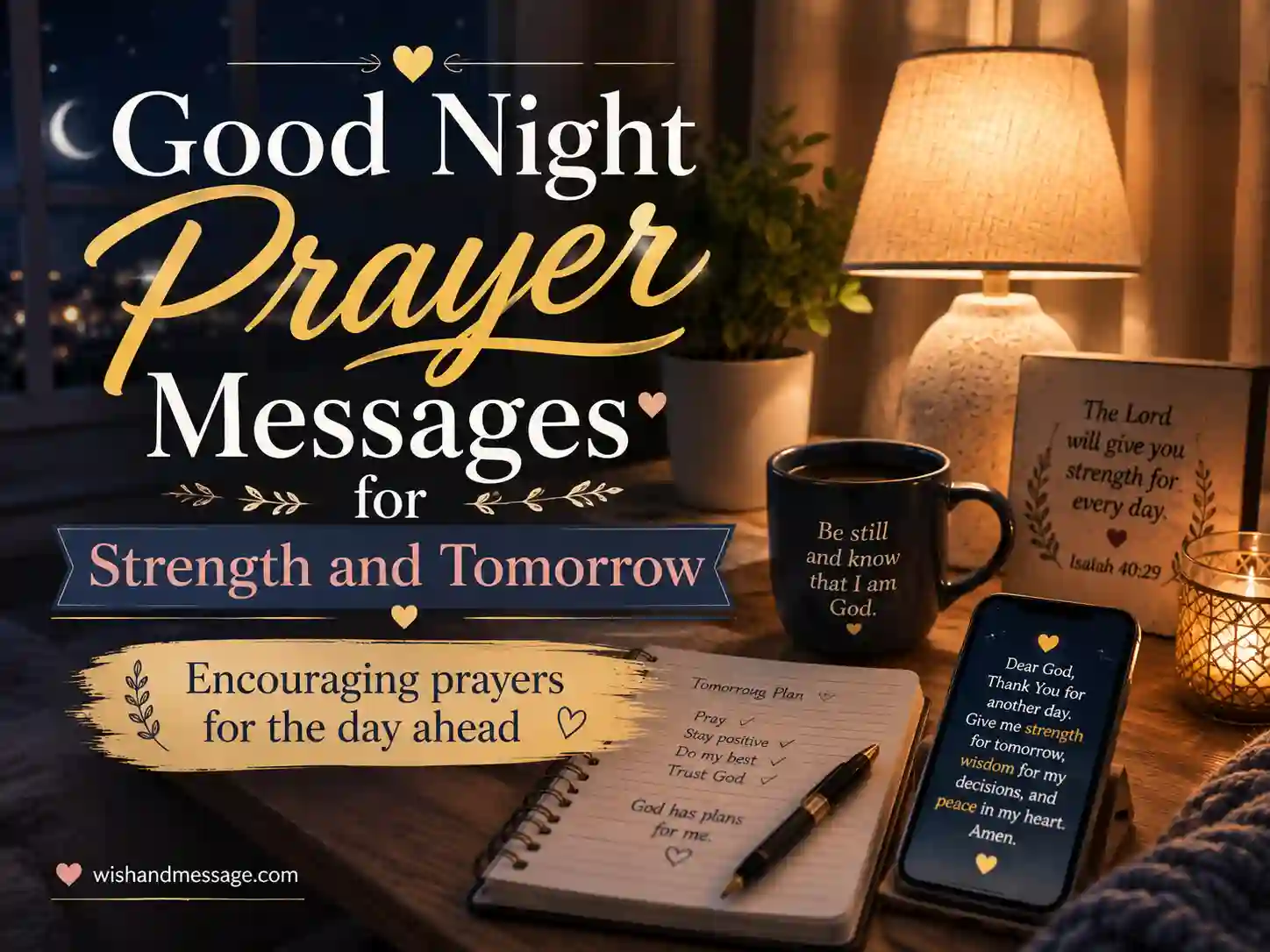 Inspirational good night prayer messages image for strength and tomorrow with peaceful night mood and hopeful tone