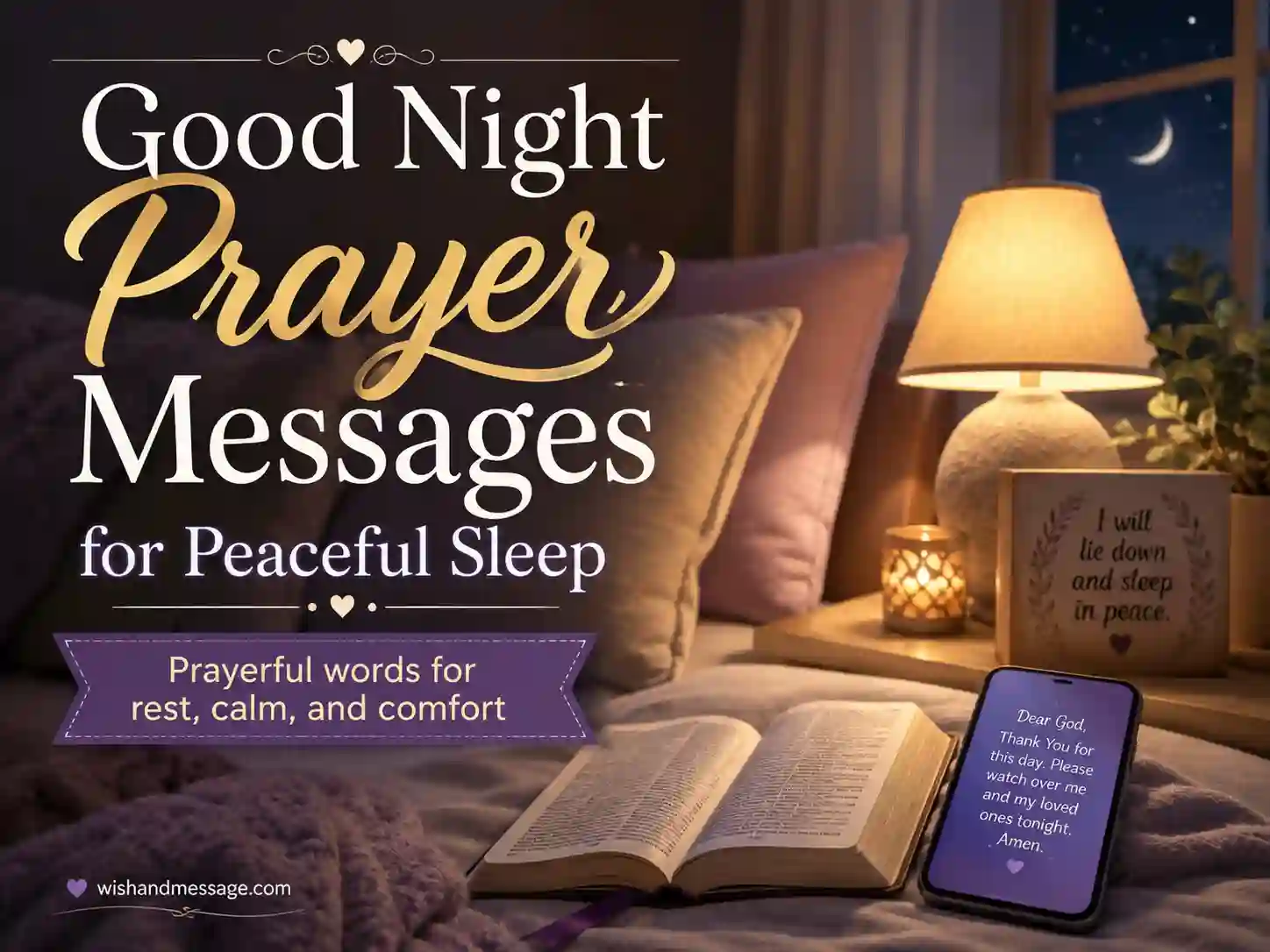 Peaceful sleep themed good night prayer messages image with calming bedroom scene and soft night lighting