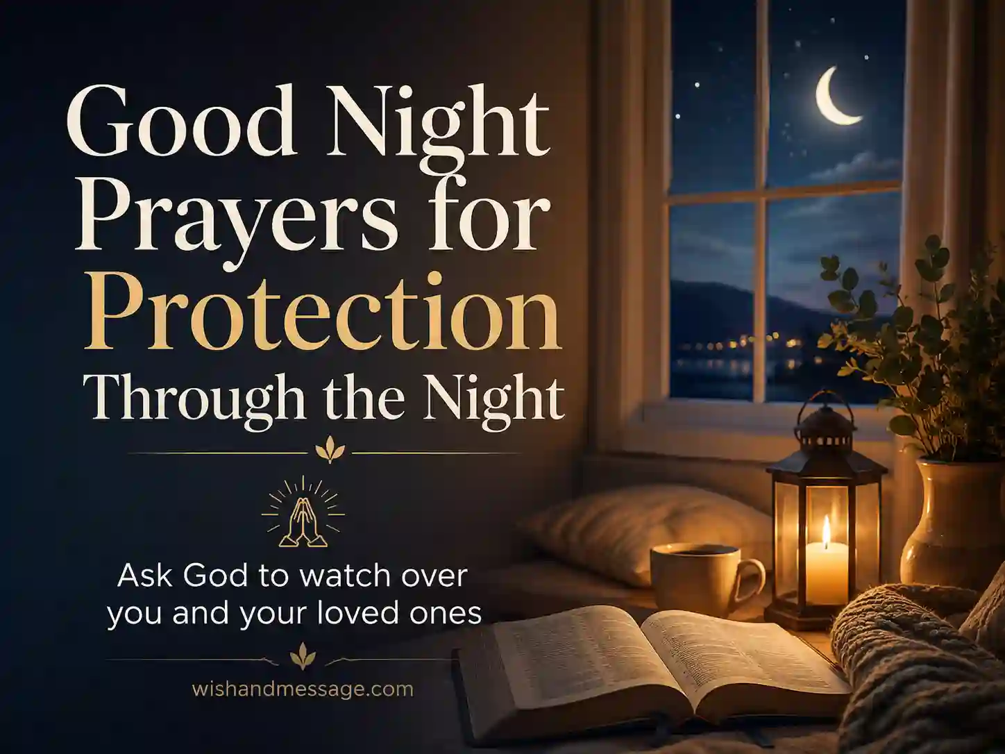 Peaceful nighttime home and Bible scene representing good night prayers for protection through the night