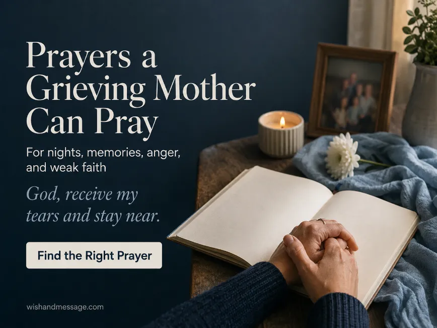 Clasped hands beside an open journal, candle, white flower, and blurred family photograph