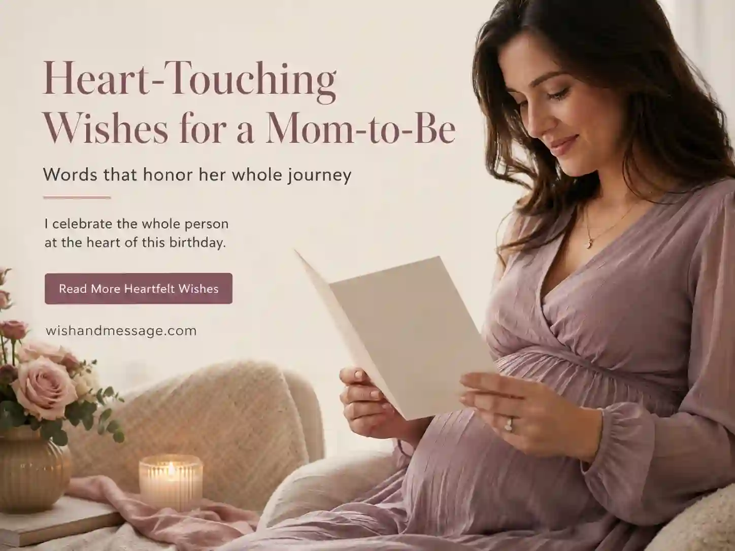 Pregnant woman reading a heartfelt birthday card beside roses and a candle