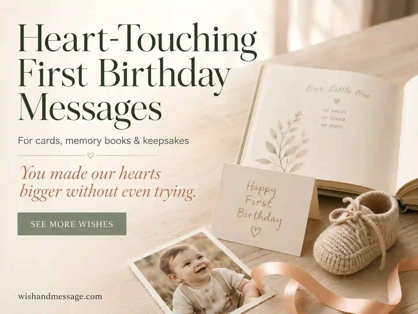 Open baby memory book with a handwritten first birthday card, small photo, and soft keepsake details.
