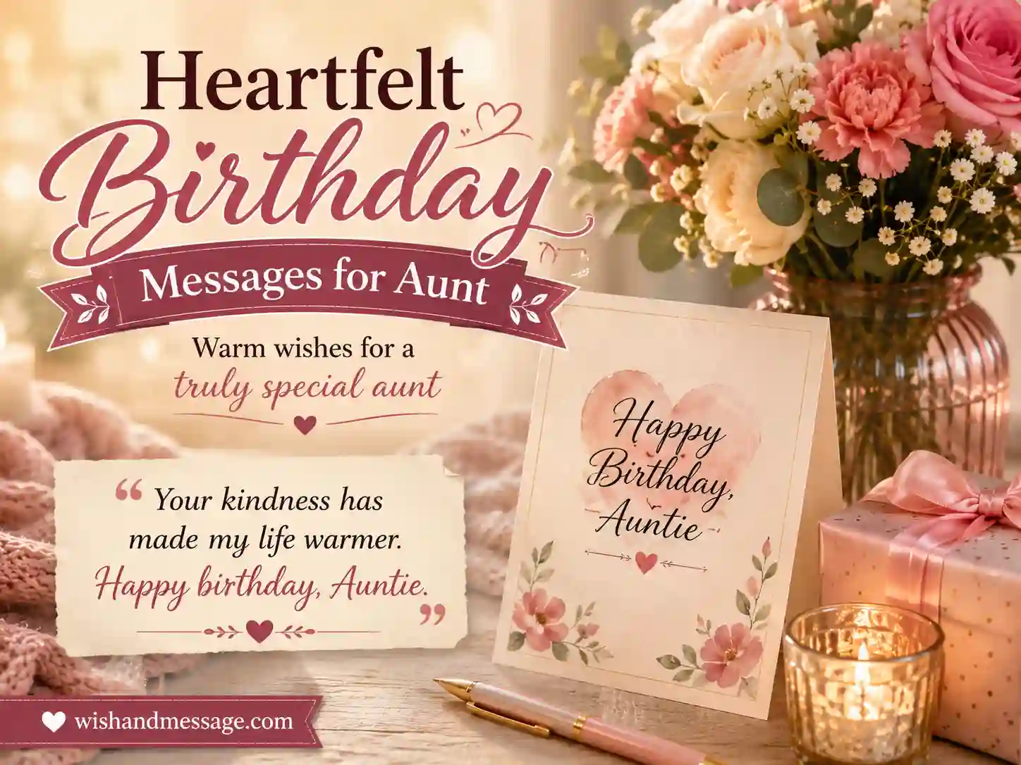 Heartfelt birthday message image for aunt with flowers, handwritten card, and soft elegant decor.