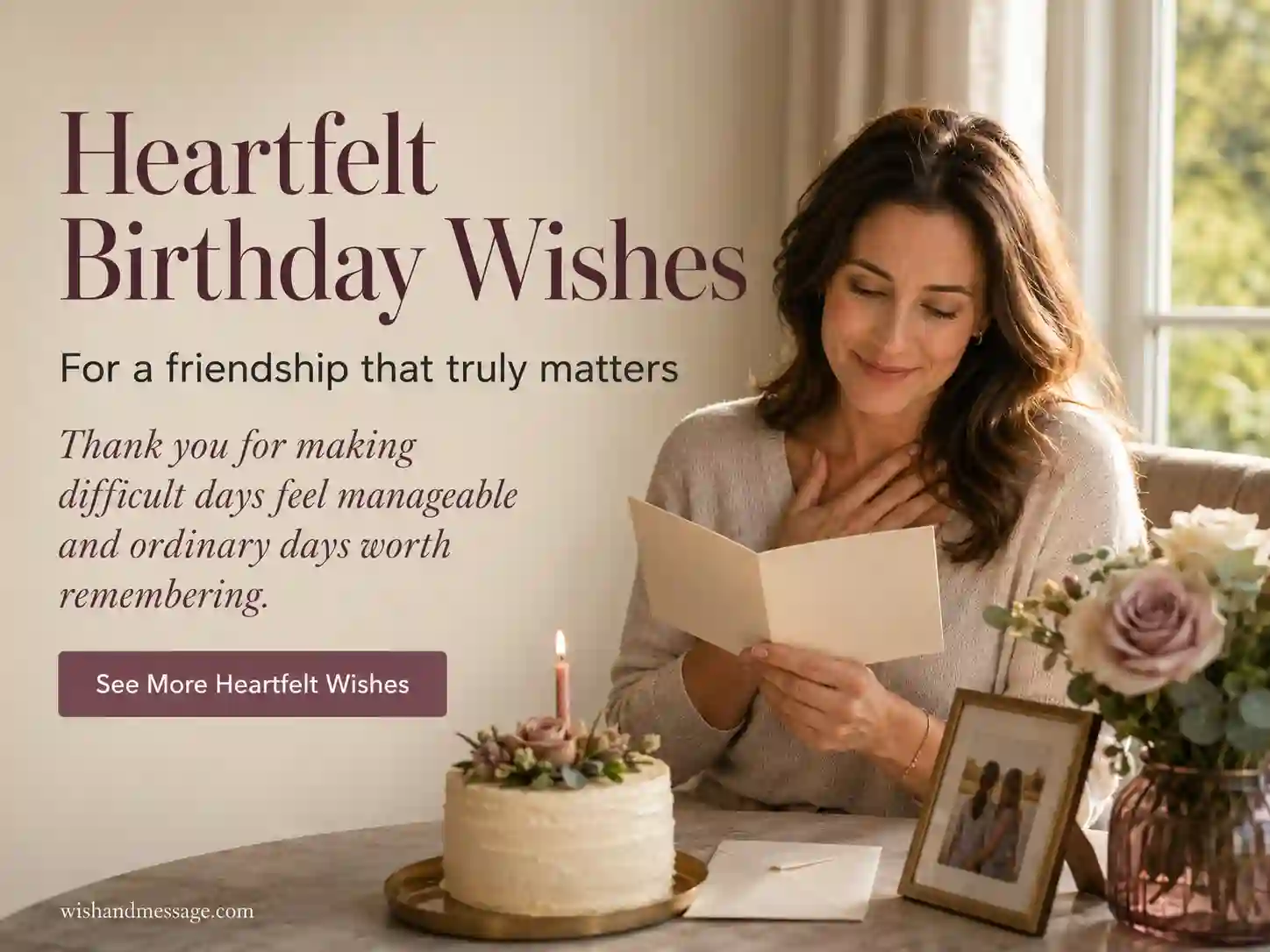 Female friend reading a heartfelt birthday card beside flowers and a small cake