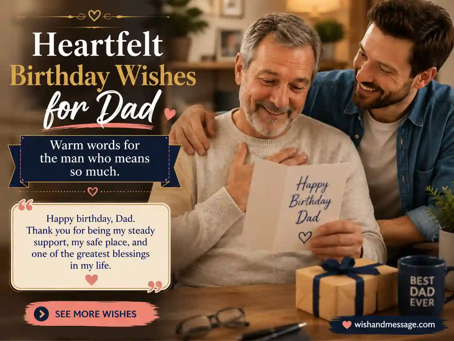 Adult child giving Dad a birthday card with heartfelt birthday wishes overlay