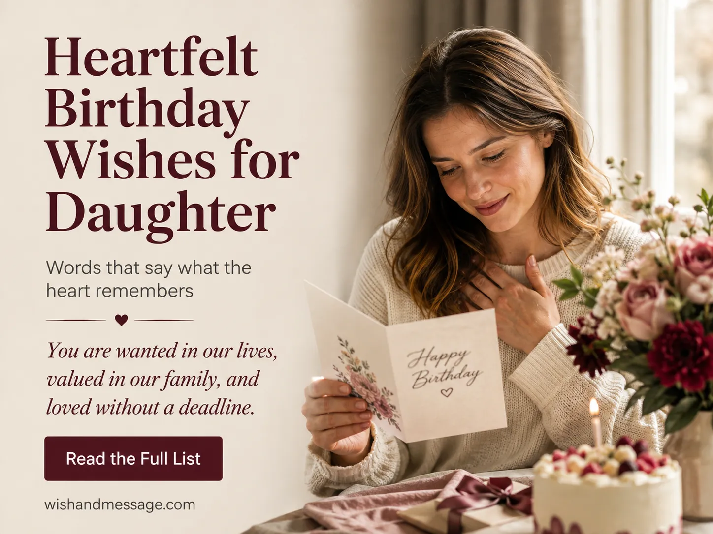 Daughter reading a birthday card beside flowers in soft window light.
