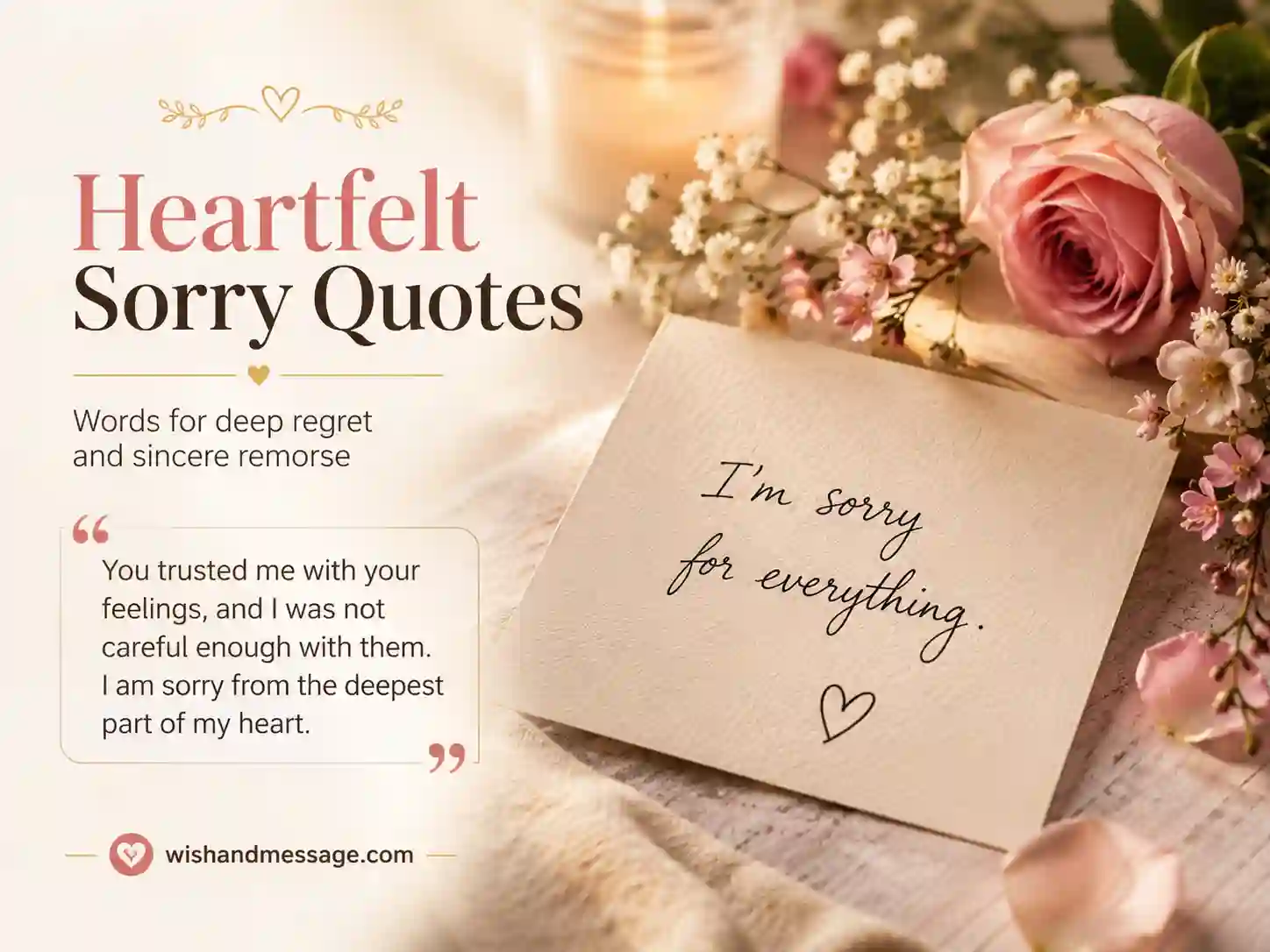 Apology note with flowers and soft light representing heartfelt sorry quotes for deep regret