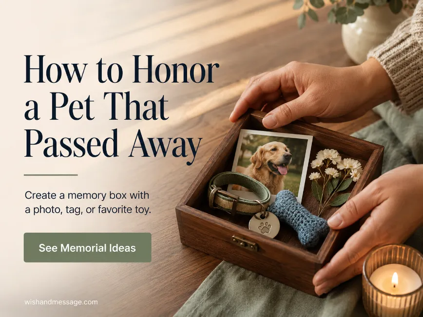 Hands arranging a pet memory box with a photo, collar, toy, flowers, and candle.